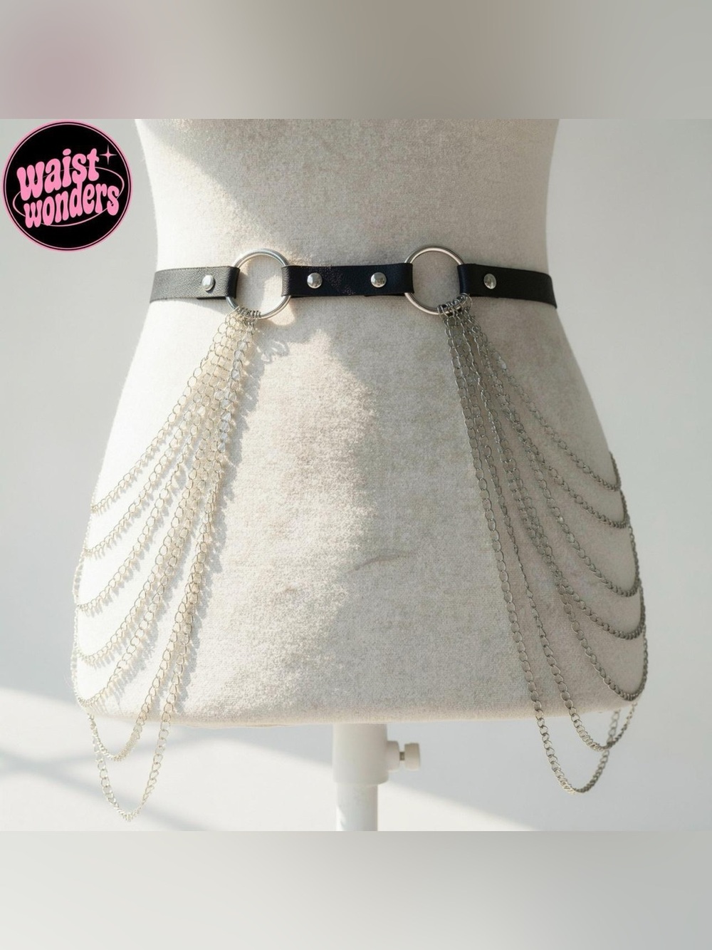 Y2K 2000s style Black leather belt with silver chain fringe